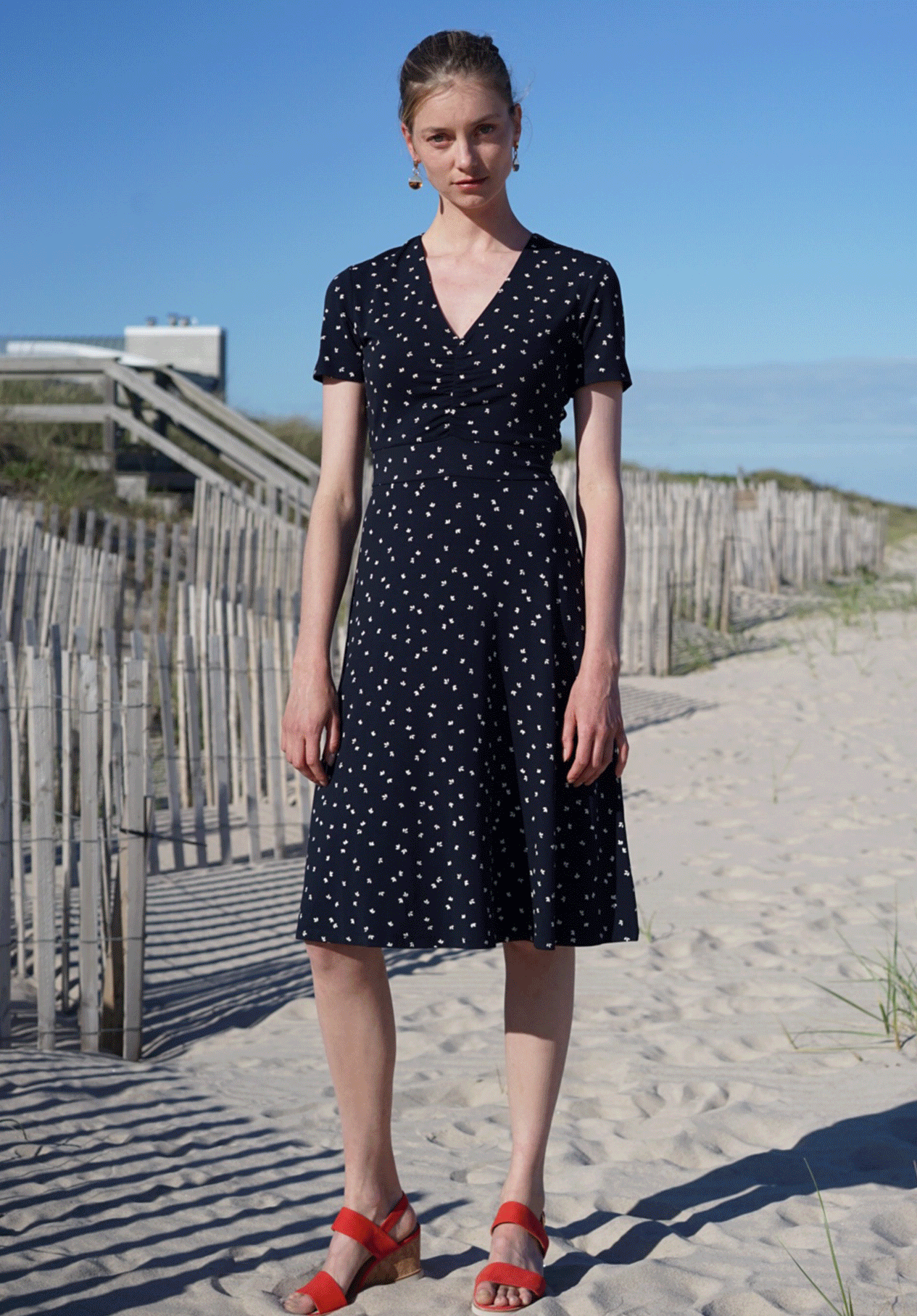 Key pieces needed for summer, include a wide brimmed straw hat with a black band with a white  cotton sundress 
