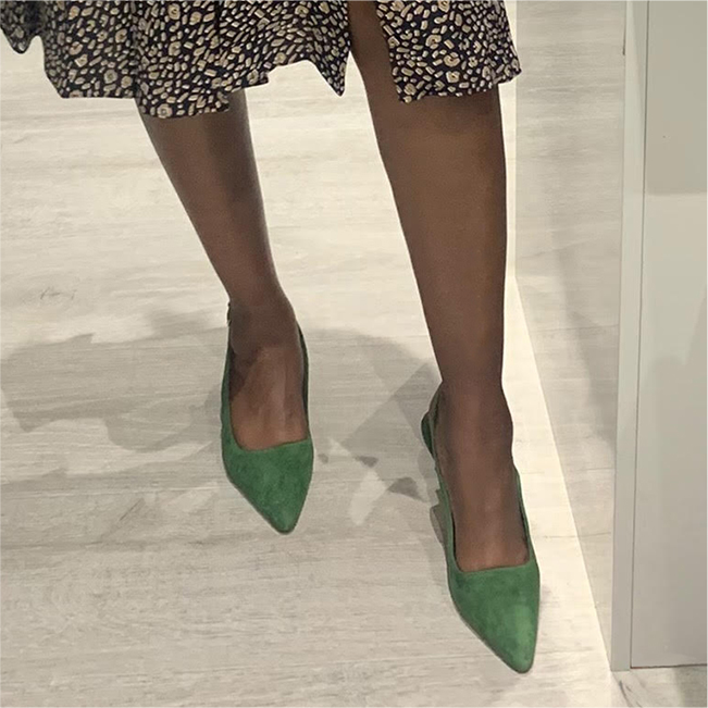 Jess wears the Hobbs kiera green suede kitten heeled slingbacks court shoes