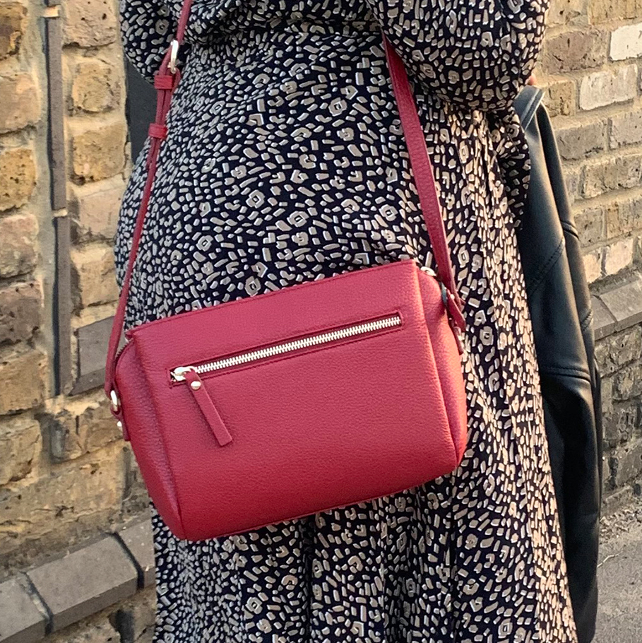 Detail shot of the Hobbs Hadley Red Leather Cross Body Bag
