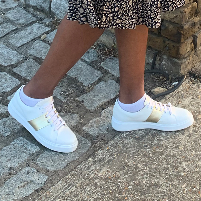 Hobbs White Leather Trainers with Gold Metallic Trim