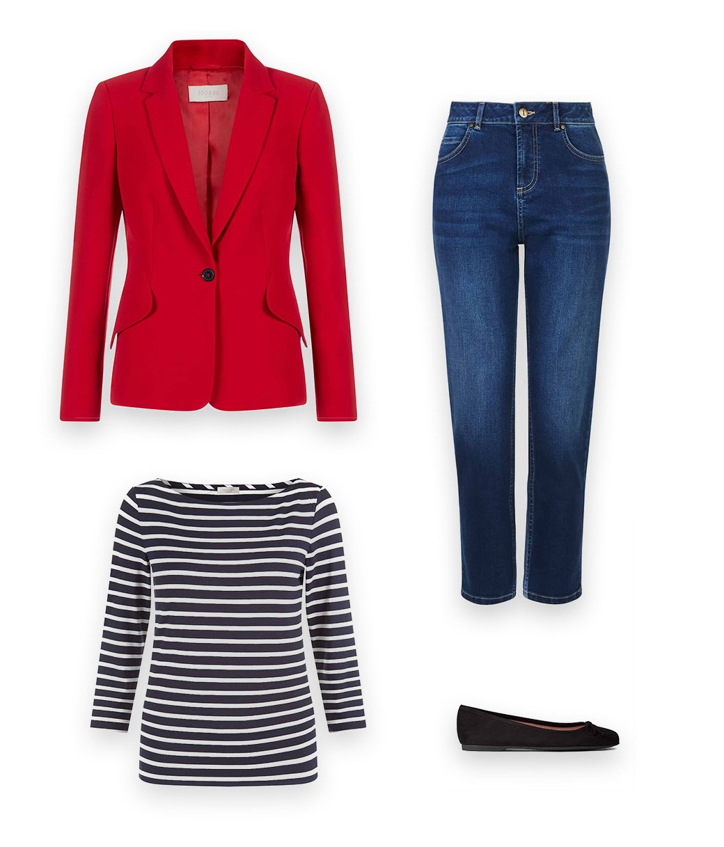 A versatile blazer is a invaluable wardrobe addition, a Hobbs red jackets styled with a classic navy blue and white breton top with blue denim jealsn and dark blue leather flat shoes