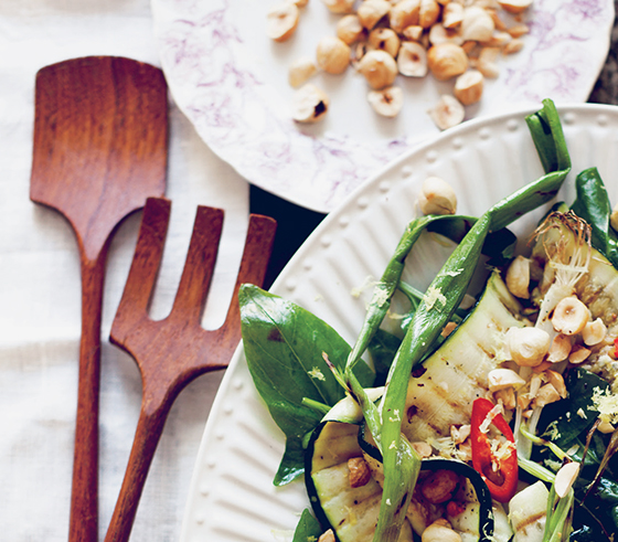 Detail shot of Grilled Courgette with Spring Onion and Hazelnut