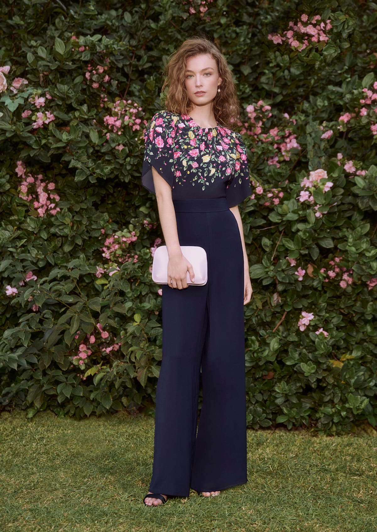 A collage of two images of models wearing floral occasion outfits by Hobbs.