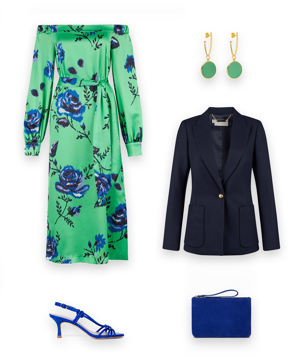 Perfect for the evening, style the Hobbs Martina Blazer with a midi green dress, blue heeled sandals and matching clutch bag