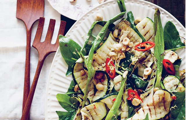 Sarah Britton's Grilled Courgette with Spring Onion and Hazelnut styled on a plate
