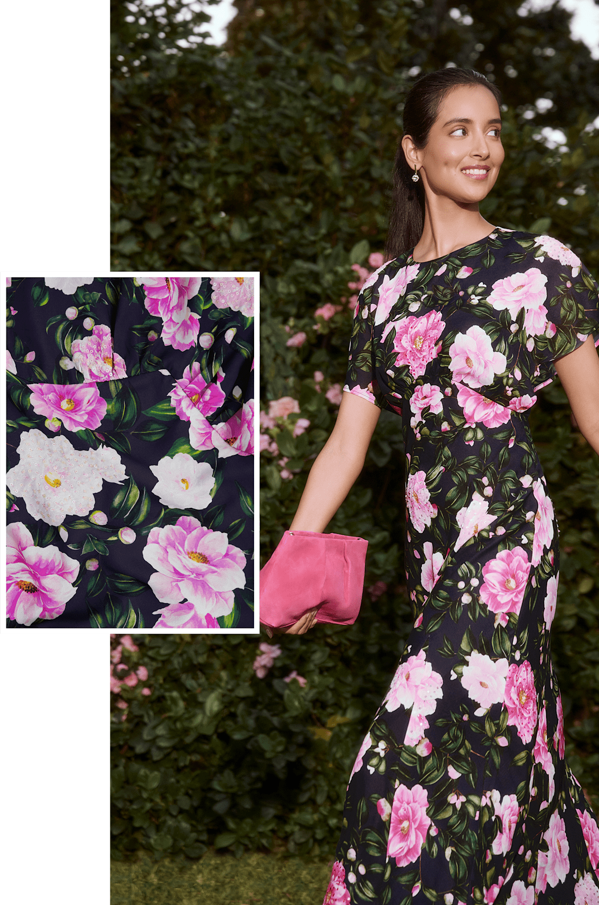 A collage of four images showcasing two occasion dresses and fabric close-ups designed by Hobbs.