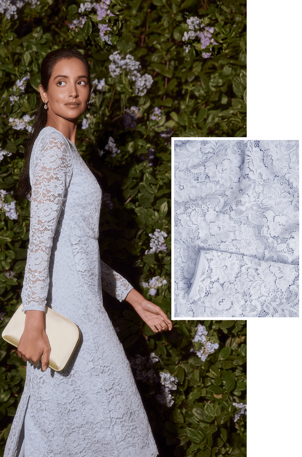 A collage of four images showcasing two occasion dresses and fabric close-ups designed by Hobbs.