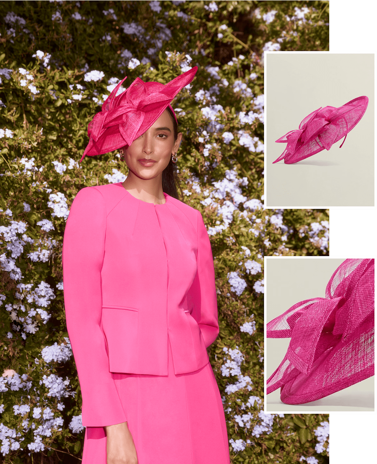 A collage of three images showcasing a Hobbs pink floral fascinator.